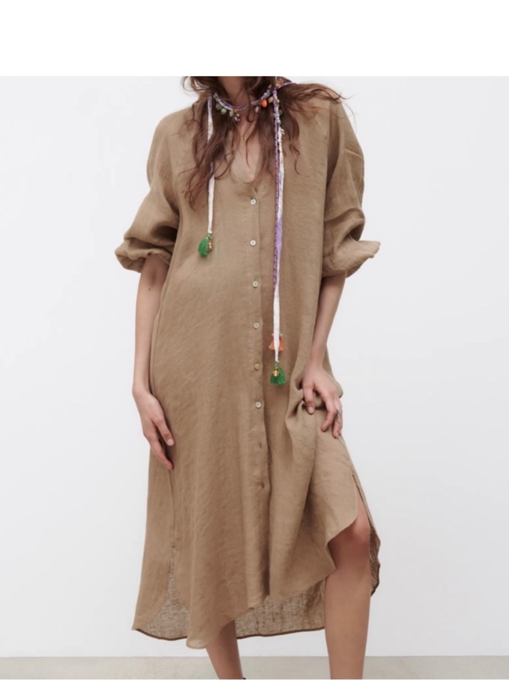 Zara Beige/Tan Button-Front 100% Linen Dress
